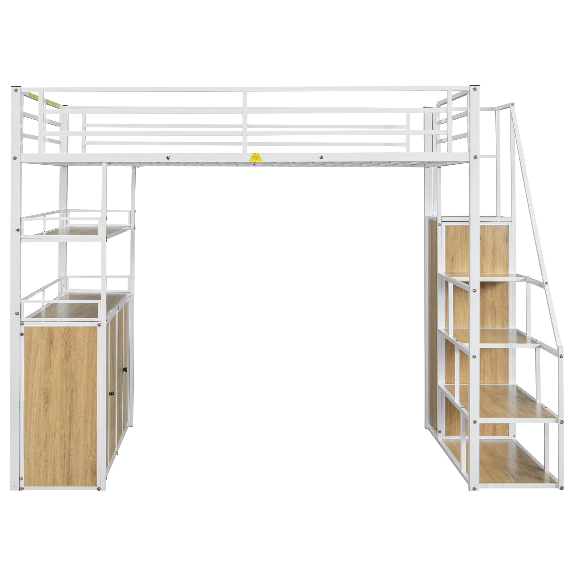 Euroco Metal Full Size Loft Bed with Desk and Wardrobe, Storage Staircase and Lockers for Kids Teens, White