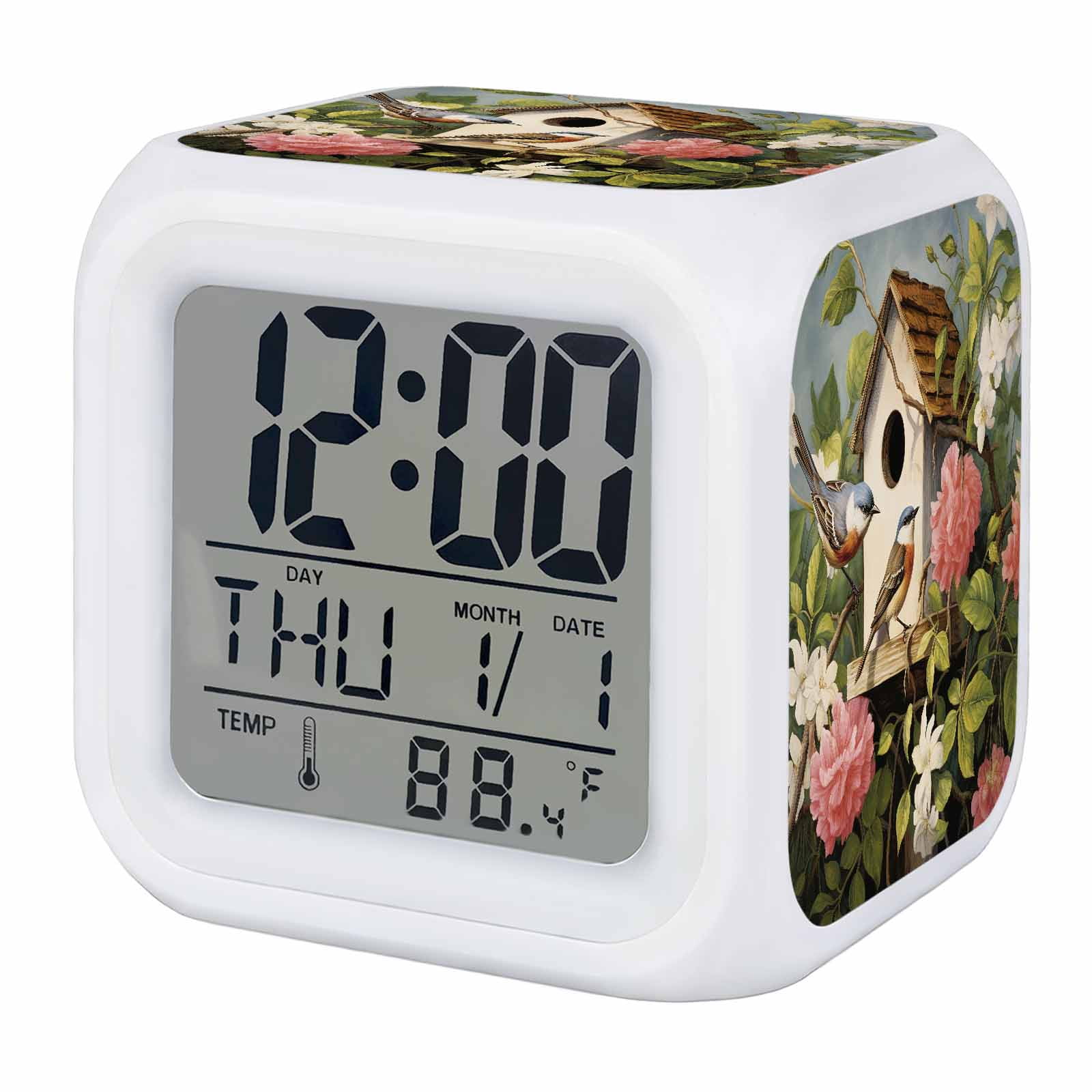 Vintage Birdhouse Digital Alarm Clock for Bedrooms, Smart LED Alarm Clock with 7 Color Changing Night Light, Spring Floral Birds Botanical Silent Wake Up Clocks for Sleep Study Cooking 3.2x3.2