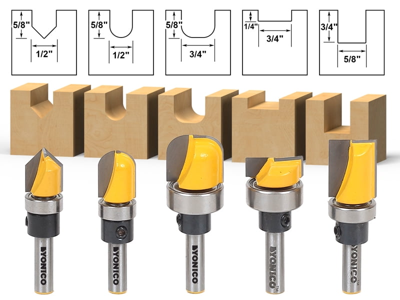 5 Bit Pattern/Template Flush Trim Router Bit Set 1/4" Shank Yonico