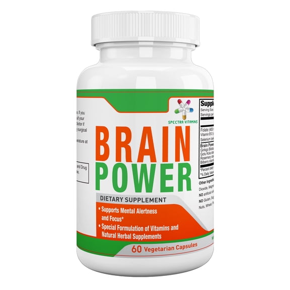 Spectra Vitamins BRAIN POWER 60 Capsules, Enhance Focus, Improves Memory, Ginkgo Biloba, Gotu Kola, Rosemary, Bilberry, Vitamin B12,
