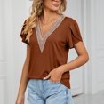 thumbnail image 4 of tklpehg Summer Tops Short Sleeve Shirts for Women Solid Color Tops Graphic Tees Loose Fit V- Neck Crochet Lace Trim Leisure Comfy Lightweight Shirts Brown S, 4 of 8