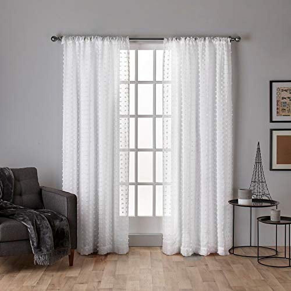 Exclusive Home Spirit Woven Pouf Applique Sheer Rod Pocket Curtain Panel Pair, 54"x108", Winter White