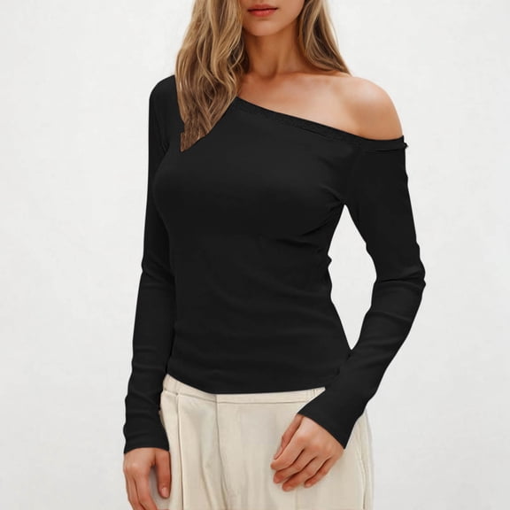 Women's Off The Shoulder Tops Casual Bodysuits Long Sleeve Leotard Tee Shirt Tops Black L