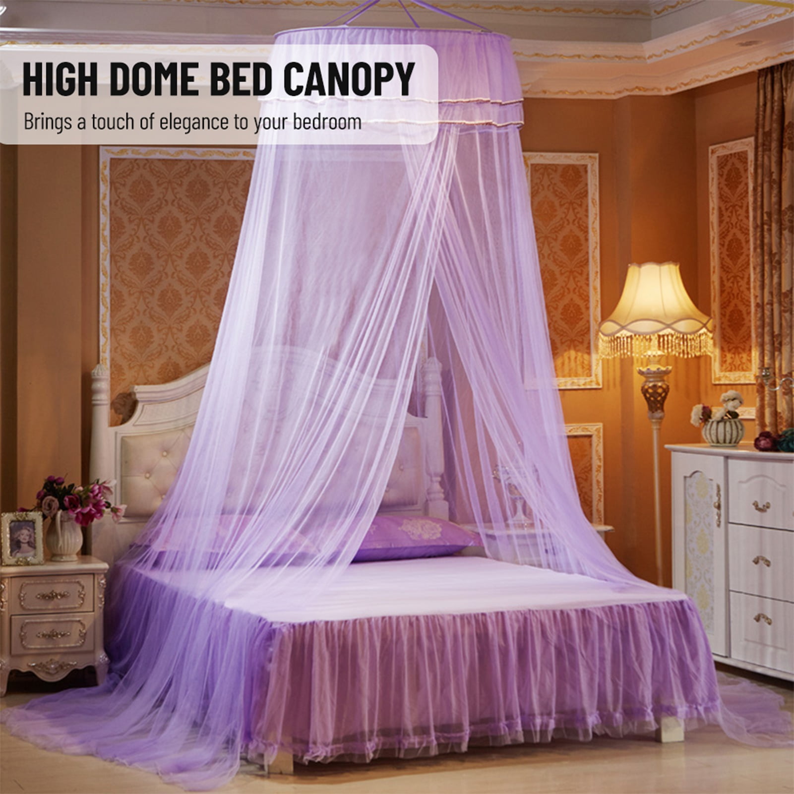 LAZIOEGR Luxurious Dome Bed Canopy Fine Mesh Single Entrance Bed Net for 47.2 to 70.8 inches / 1.2 to 1.8 m Bed Elegant Princess Style Bedroom Decoration Purple