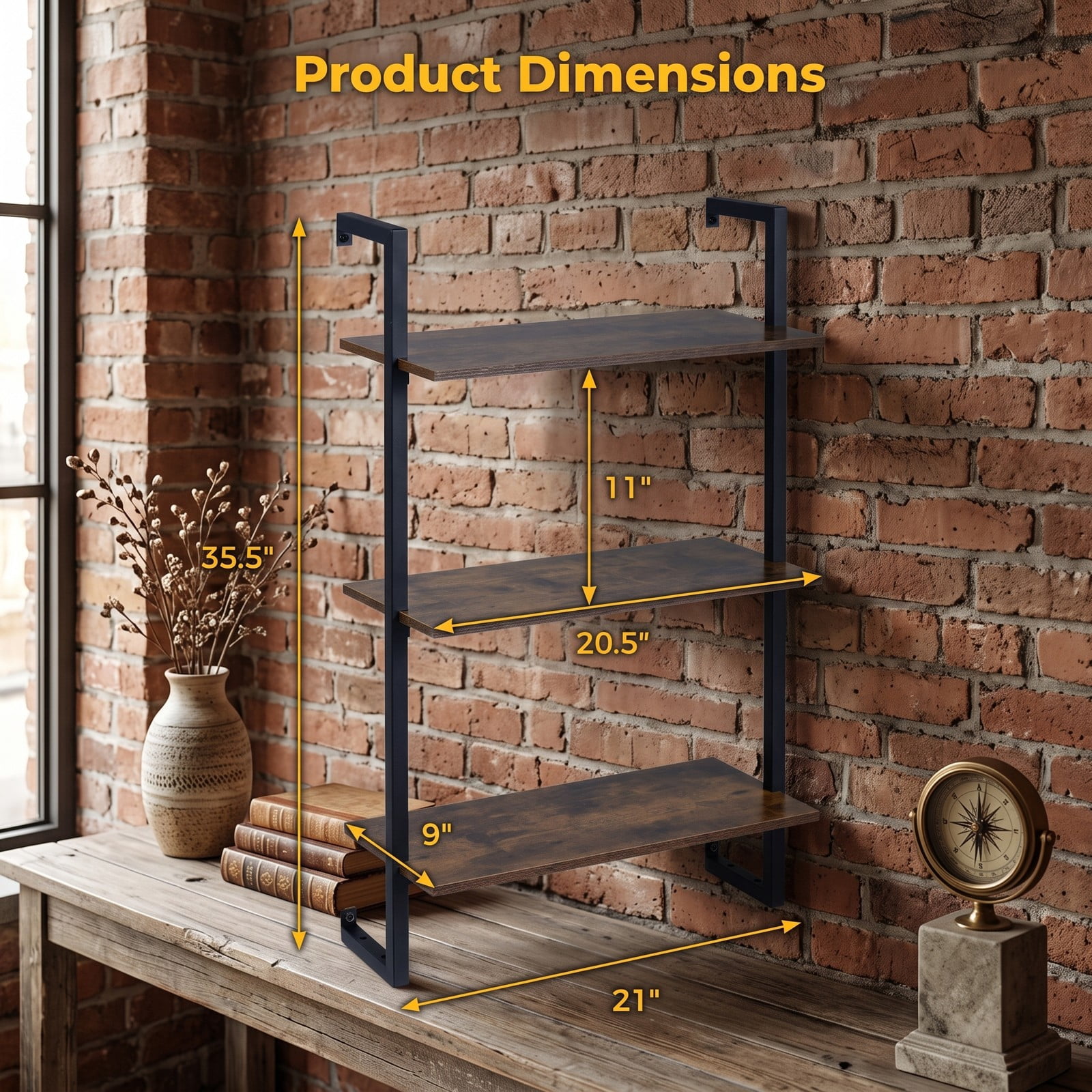 Furnibear 3-Tier Floating Wall Shelf, Modern Wood Bookcase Wall-Mounted Storage Rack for Living Room Bedroom Kitchen Home Office Bathroom, Rustic Brown and Black