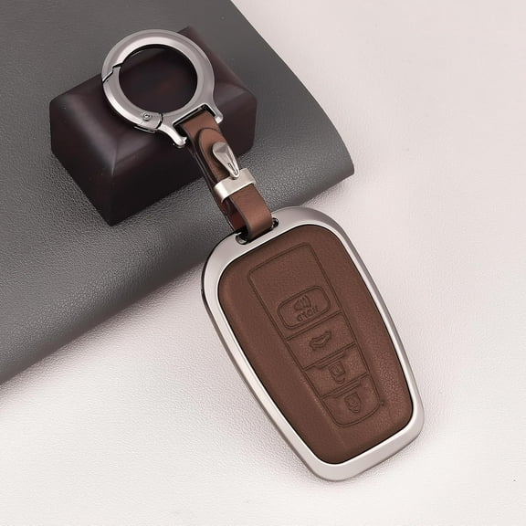 OFFCURVE Zinc Alloy Leather Remote Key Fob Cover Case for Toyota RAV4 Camry Corolla Avalon C-HR Prius GT86 Highlander, Brown