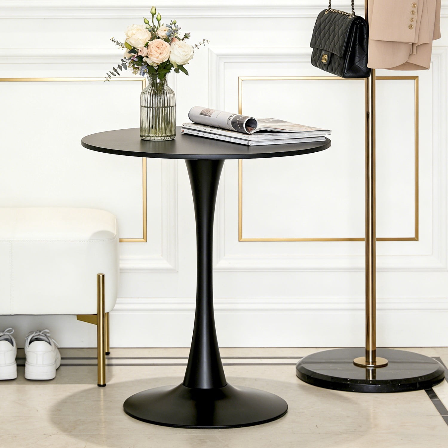 31.5" Round Dining Table, Modern Black Tulip Base Table with MDF Top & Matte Iron Pedestal, Mid Century Kitchen Table, Small Space Coffee Table for Living Room, Apartment & Home Office