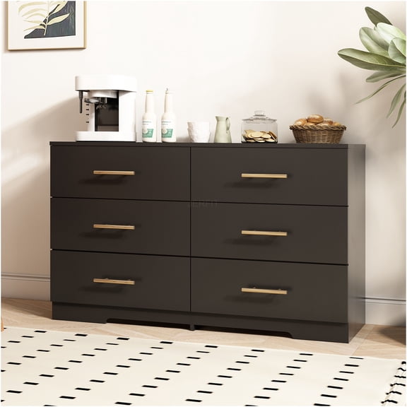 JERFIT 6-Drawer Dresser Chest, Black Bedroom Storage Cabinet with Gold Handles, Vintage Modern Style
