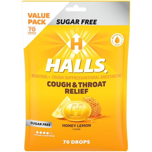 HALLS Cough and Throat Relief Honey Lemon Sugar Free Cough Drops, No Synthetic Dyes, FSA/HSA Eligible, Value Pack, 70 Drops