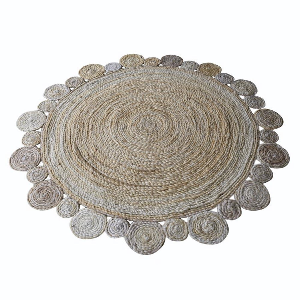 Hand Woven Jute Eco-Friendly Area Rugs - 5'X5', Round Shape, Cream Color, Oriental Pattern, High Pile, Natural Fiber, Outdoor Indoor Handmade Area Rugs For Living Room, Bed Room (J00001)