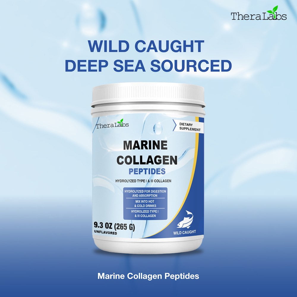 TheraLabs Marine Collagen Peptides 9.3oz (265g) Wild Caught Fish Hydrolyzed Type I & III Collagen - Kosher - Supports Healthy Skin, Nails & Hair - 26 Servings - 4PK