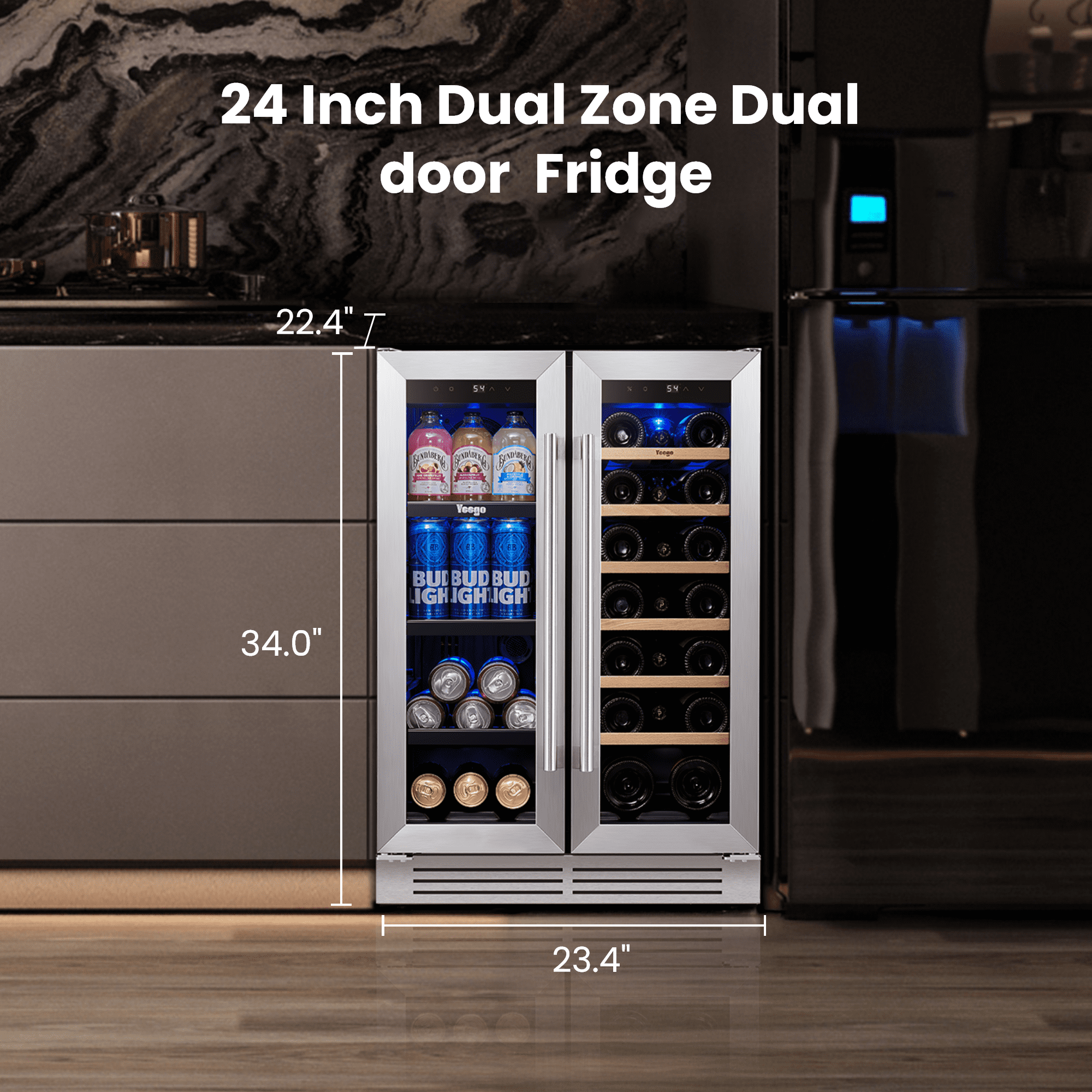 Yeego 24 inch Wine and Beverage Refrigerator, 20 Bottles and 60 Cans Dual Zone Fridge with French Glass Door for Home/Office, 36℉~72℉, Built-in/ Freestanding