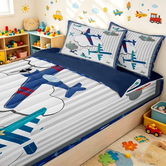 Erosebridal Cartoon Airplane Zipper Twin Comforter Sets with Fitted Sheet and 2 Pillowcases for Boys Men, Cartoon Cloud Print Zipper Bedding Set, Navy Reversible, 4 Pieces