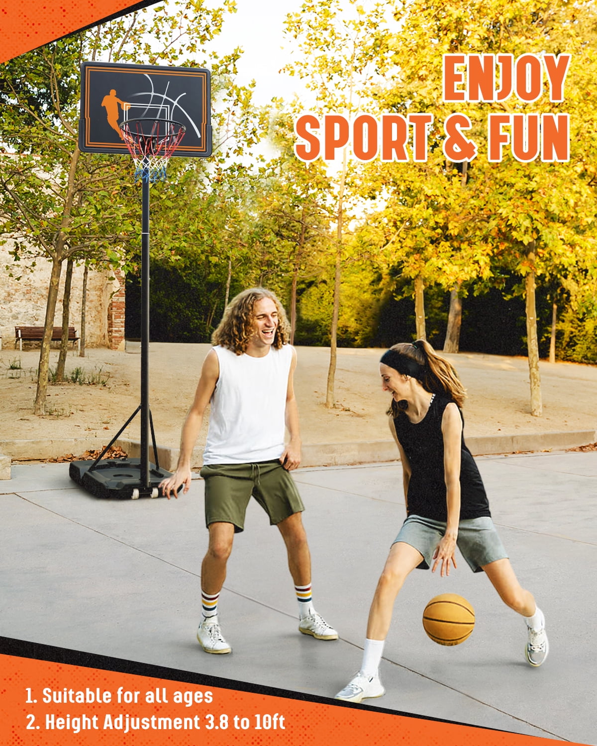 SERAY Basketball Hoop with 44 inch Backboard and 2 Wheels, Basketball Hoop Outdoor 3.8-10 feet Adjustable Height for Kids/Adults Outdoor/Indoor Sports