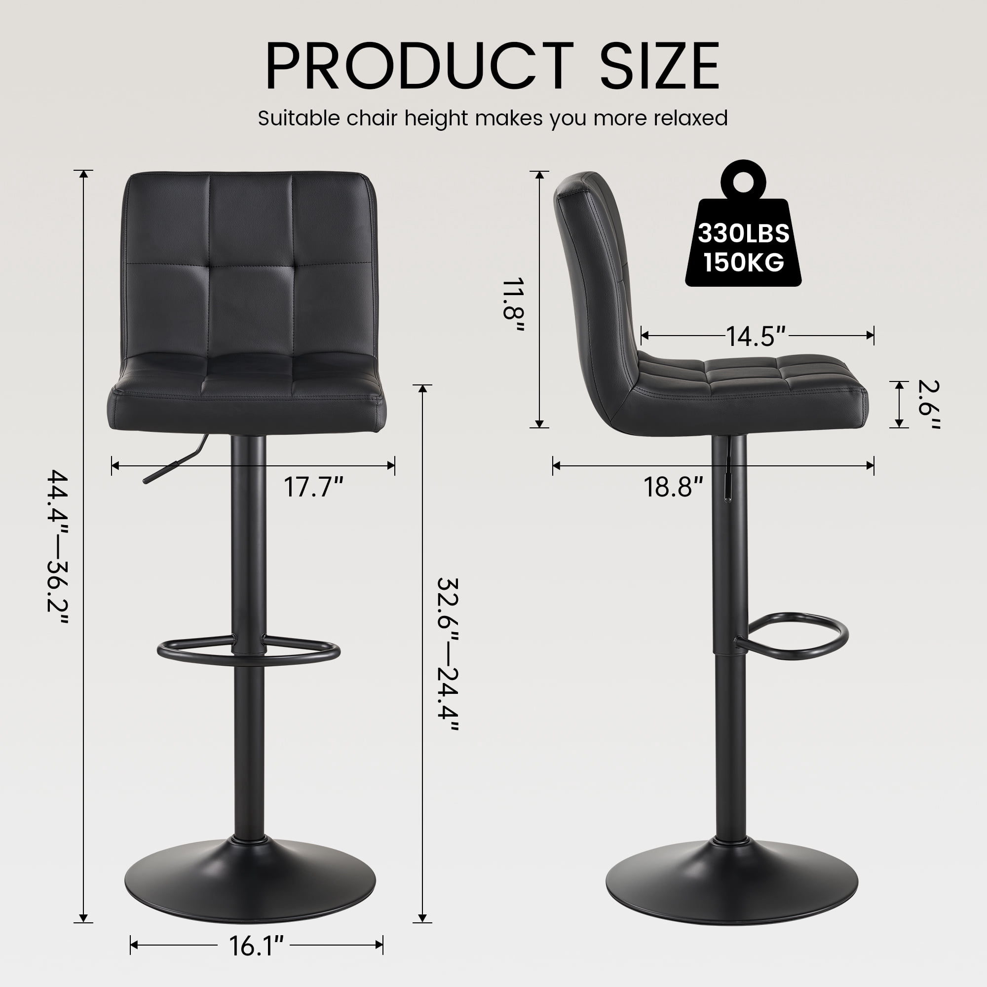 SAETSFEG Bar Stools Set of 2, Thickened Seat Cushion Adjustable Swivel Bar Stool with Backrest, Counter Height PU Leather Bar Chairs for Kitchen Island, Dining Room, Black-B