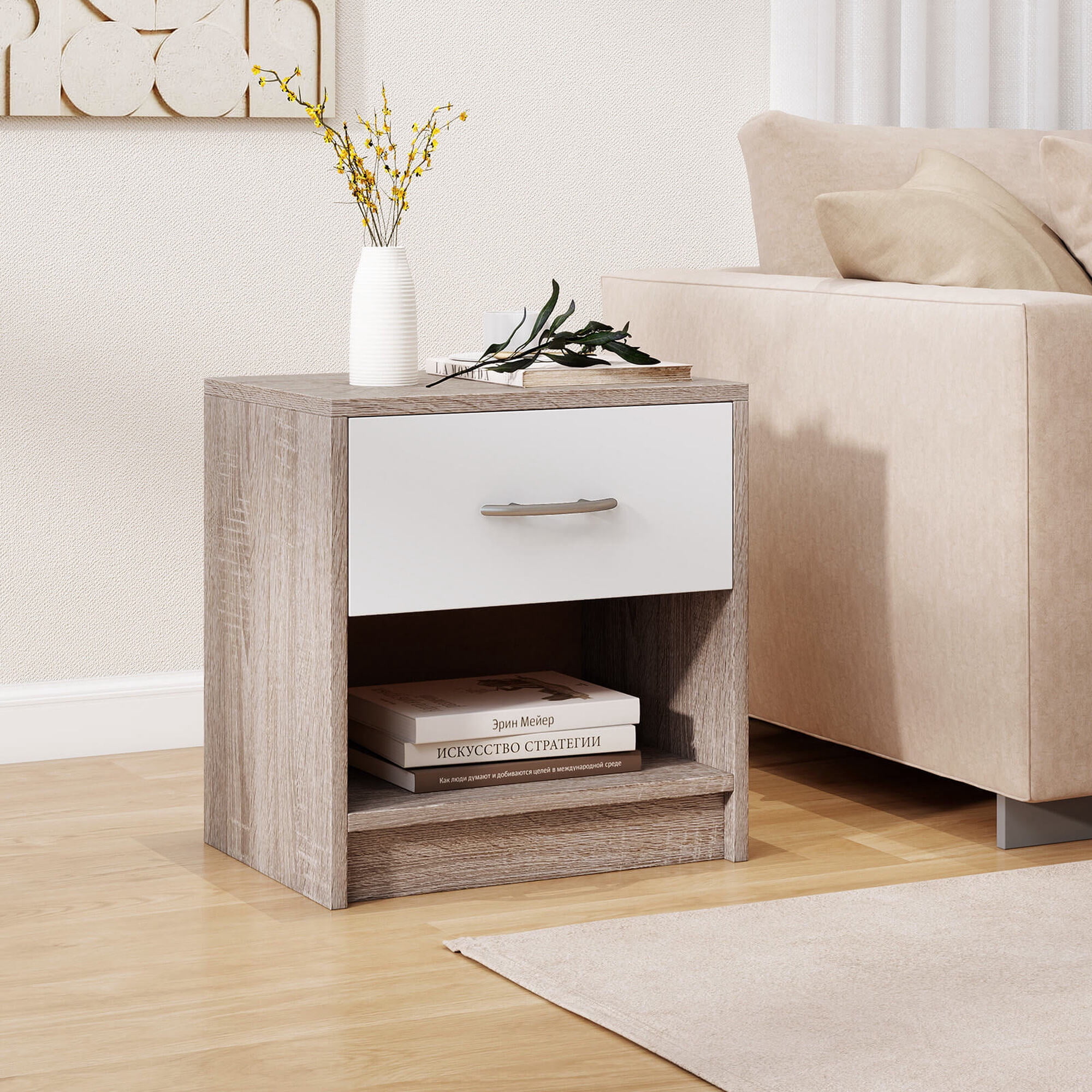 Costway Modern Nightstand Bedside Table with Drawer Open Storage Shelf for Small Spaces Light Gray