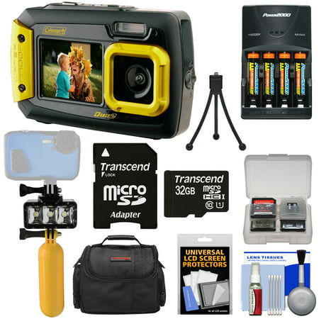 Coleman Duo 2V9WP Dual Screen Shock & Waterproof Digital Camera (Yellow) + 32GB Card + Batteries & Charger + Diving LED Video Light + Buoy + Case