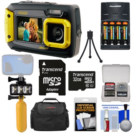 Coleman Duo 2V9WP Dual Screen Shock & Waterproof Digital Camera (Yellow) + 32GB Card + Batteries & Charger + Diving LED Video Light + Buoy + Case (Best Waterproof Camera For Diving)