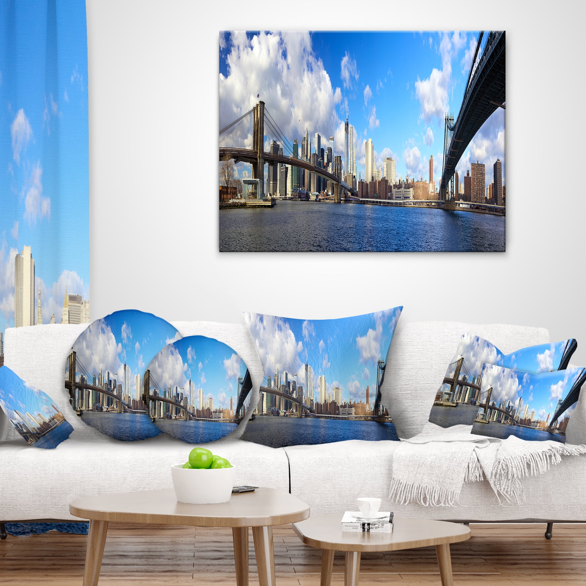 Designart Bright Manhattan Day Panorama - Cityscape Photo Throw Pillow - 16x16