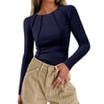 thumbnail image 2 of CUZIBR Women'S Spring Shirt Solid Color Slim Fit Pleated Round Neck Tight Long Sleeved Ribbed Knit Casual Basic T Shirt Top Fashionable Comfortable Soft Stretch Casual Blouse Tee Tops,Navy,S, 2 of 9