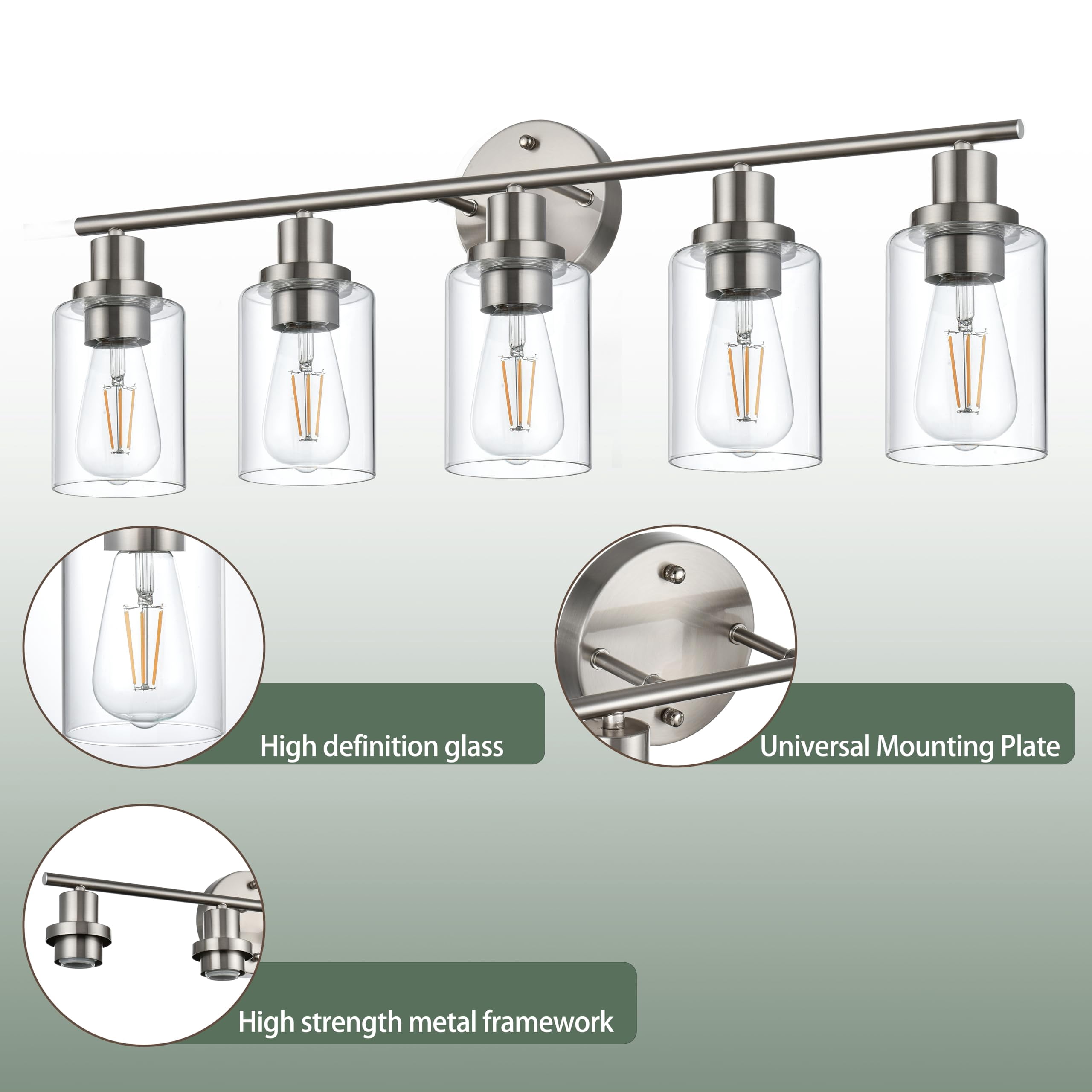 Melucee 5-light Vanity Light with Round Plate – Brushed Nickel Modern Bathroom Light Fixture, Dimmable Wall Sconce for Mirror, Bedroom, Makeup Area