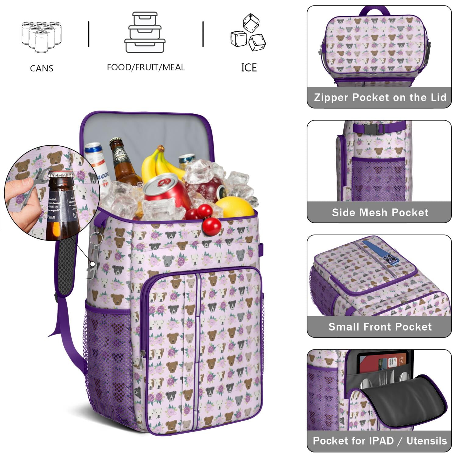 Travel Cooler Bag - Cute Pitbull Terriers Dog and Flower Camping Beer Cooler Backpack with Bottle Opener- Waterproof Insulated Picnic Backpacks - Cooler Bag for Beach