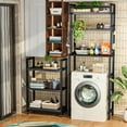 thumbnail image 3 of LinkRomat 6-Tier Farmhouse Bathroom Shelf, Over Toilet Organizer with Rolling Cart & 6 Hooks, Space Saving Storage Rack for Bathroom, Black, 3 of 8