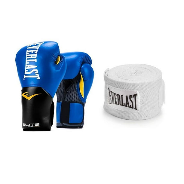 Everlast Blue Elite Boxing Gloves 12 Ounce & White 120Inch Hand Wraps