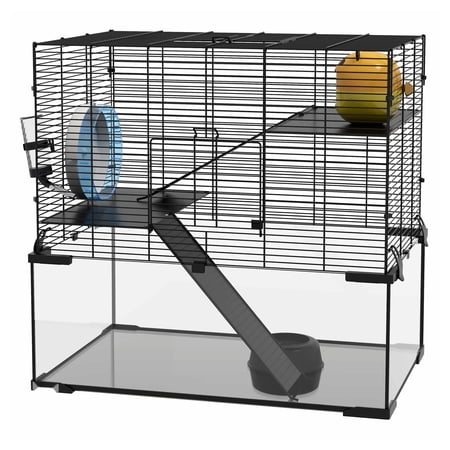 23.5" Hamster Cage, Gerbil Cage with Glass Basin for Small Pets, Black - Multi-Level Habitats for Syrian & Dwarf Hamsters, Rats