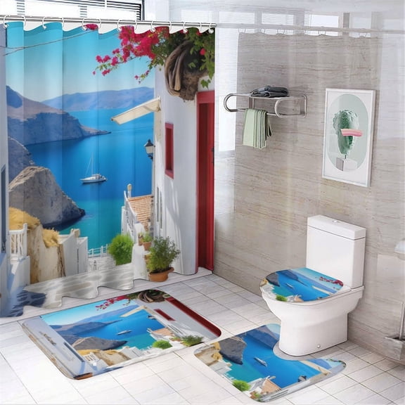 Greek Island Alleyway View Shower Curtain Sets Non-Slip Rugs Bath Mat Toilet Cover U Shaped Mat 4 Pcs