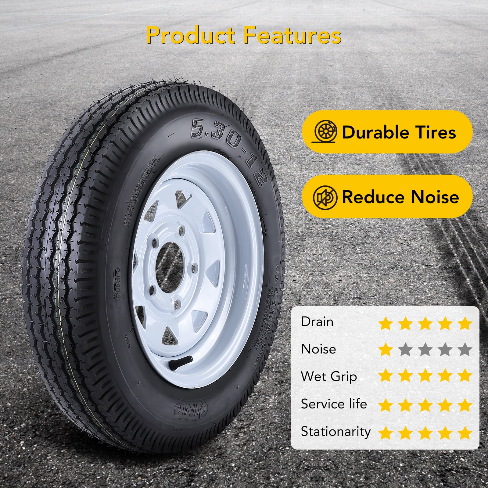 Tookss 2 Packs 5.30-12 5.30x12 530-12 5.30-12 Trailer Tires with 12 inch Rims, 5 Lug on 4.5'', LoadC, 6PR