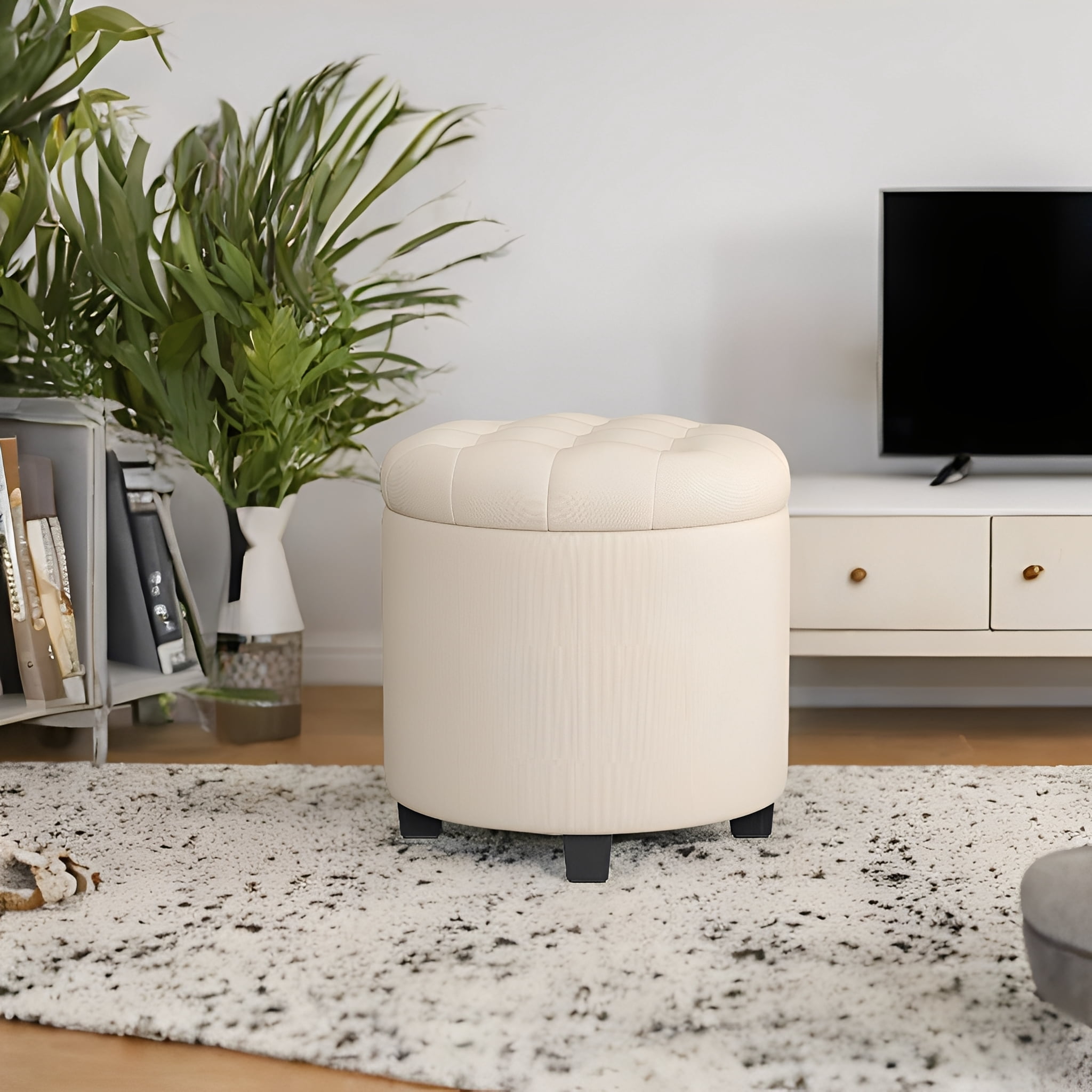 LEDREM Round Storage Ottoman - 17.7" Foot Rest with Hidden Storage, 330lb Capacity, Linen-Look Upholstery, Non-Slip Feet - for Living Room, Bedroom, Light Beige