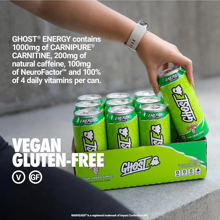 GHOST ENERGY Zero Sugar Energy Drink, Sour Green Apple, 200mg