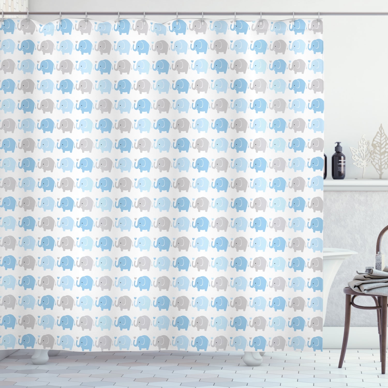 Ambesonne Grey Blue Shower Curtain, Cartoon Elephants, 69"Wx84"L, Blue