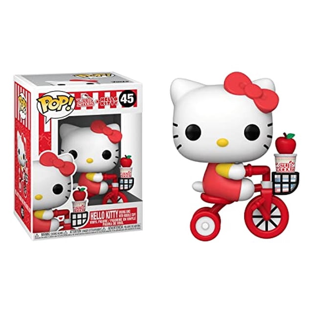 ¡funko pop! sanrio: hkxnissin - hello kitty en bicicleta funko pop figura multicolor, vista frontal centrada de Hello Kitty con lazo rojo montada en bicicleta roja; canasta frontal con manzana roja y caja de exhibición con ventana y logo POP! número 45 visible.