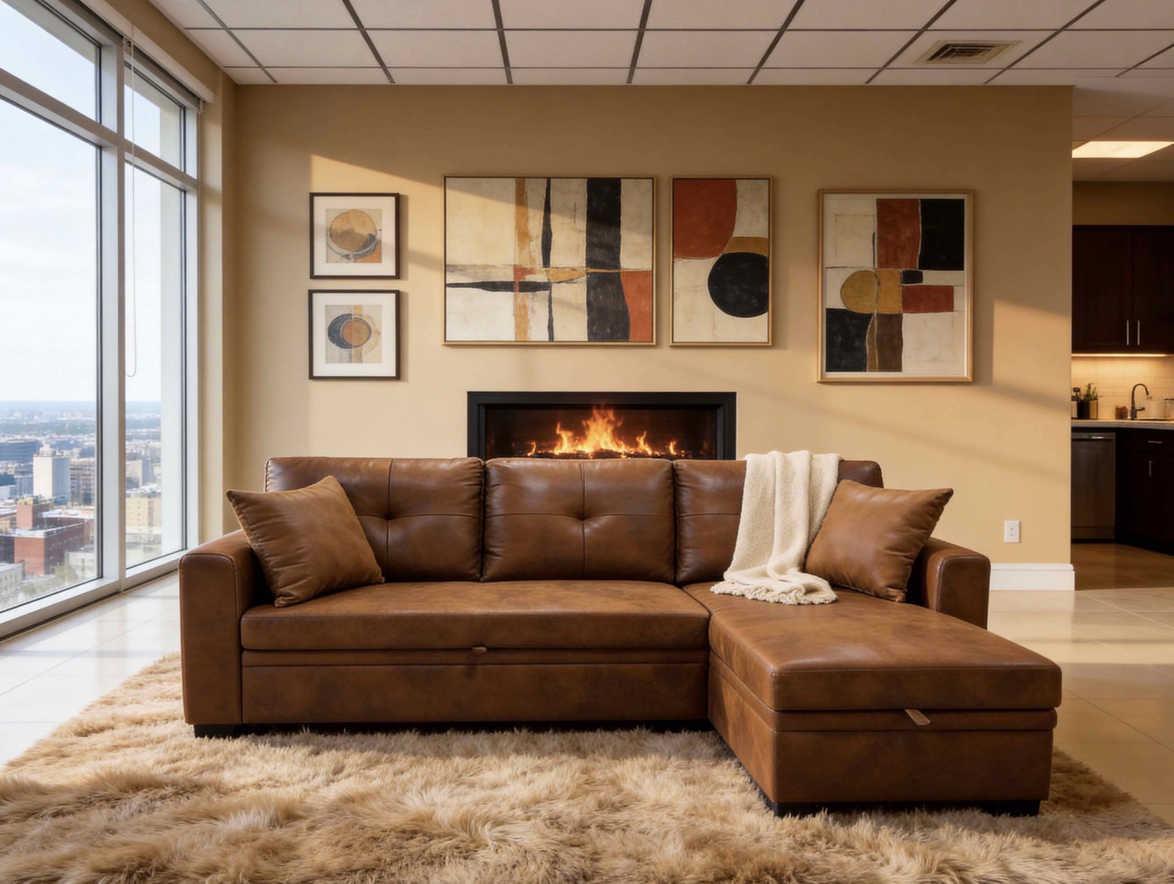 MAYEERTY L‑Shaped Sleeper Sectional Sofa, Convertible Pull‑Out Bed with Reversible Storage Chaise, Light Brown Breathable Fabric for Small Living Spaces