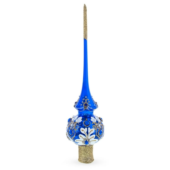 White Florals with Jeweled Accents on Royal Blue Glass Christmas Tree Topper 11 Inches