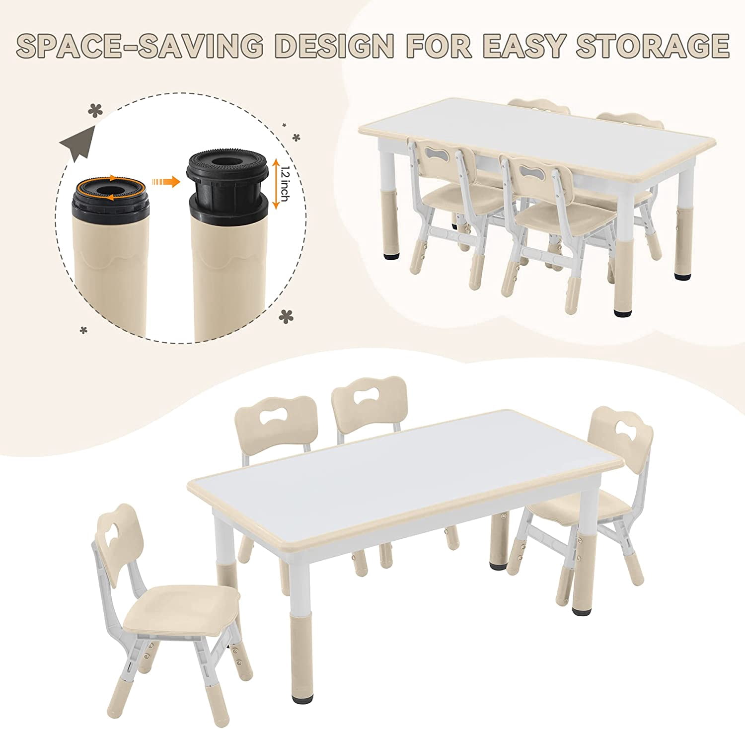 Kids Study Table and Chairs Set, Height Adjustable Toddler Table and Chair Set for Kids Ages 3-8, Graffiti Desktop (Burlywood - 1)
