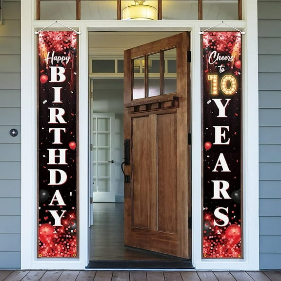 Happy 10th Birthday Porch Sign Door Banner Decor Red and Black – Glitter Cheers to 10 Years Old Birthday Party Theme