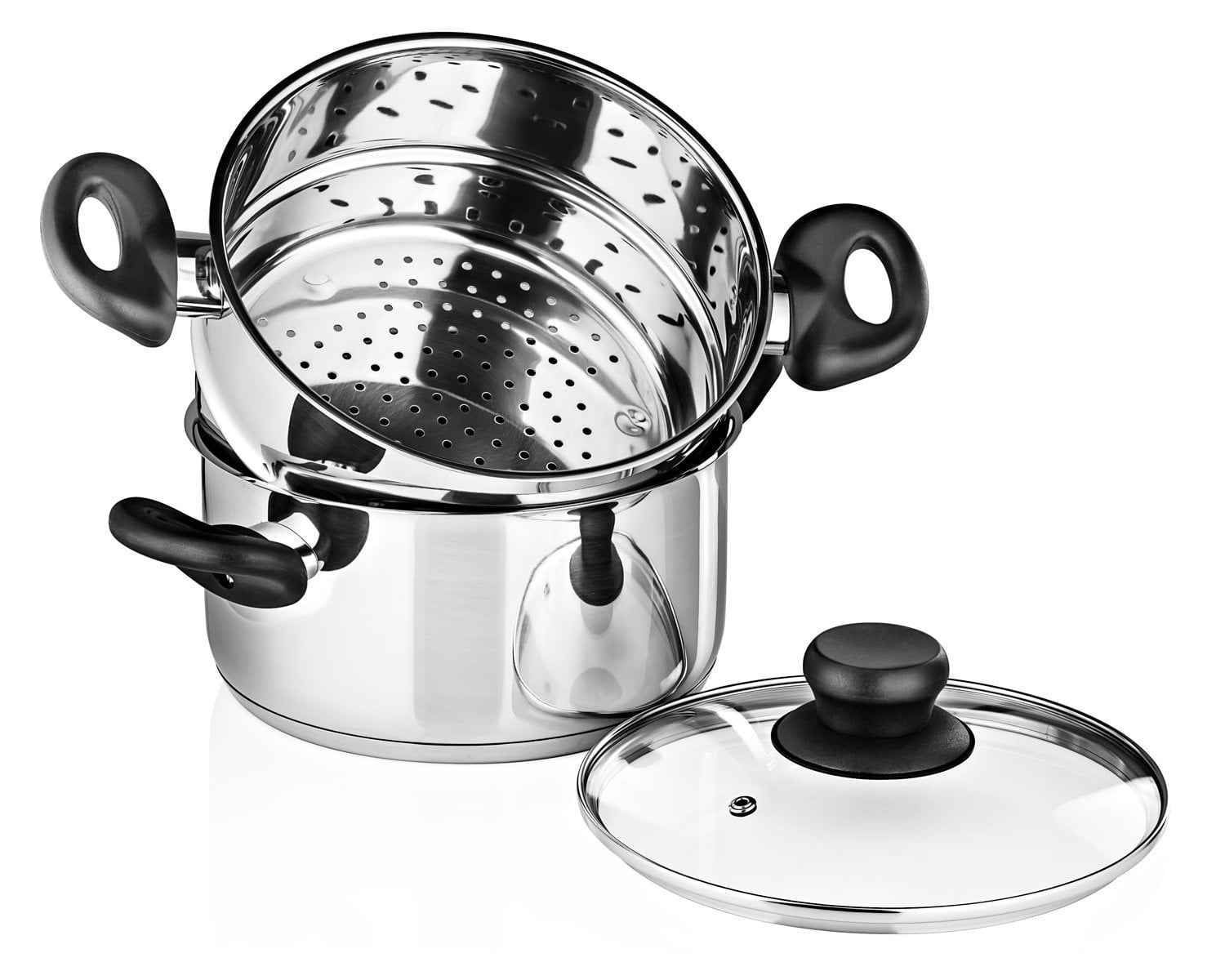 Nevlers 3 Piece Premium Heavy Duty Stainless Steel Steamer Pot Set Includes  3 Quart Cooking Pot, 2 Quart Steamer Insert and Vented Glass Lid | Stack