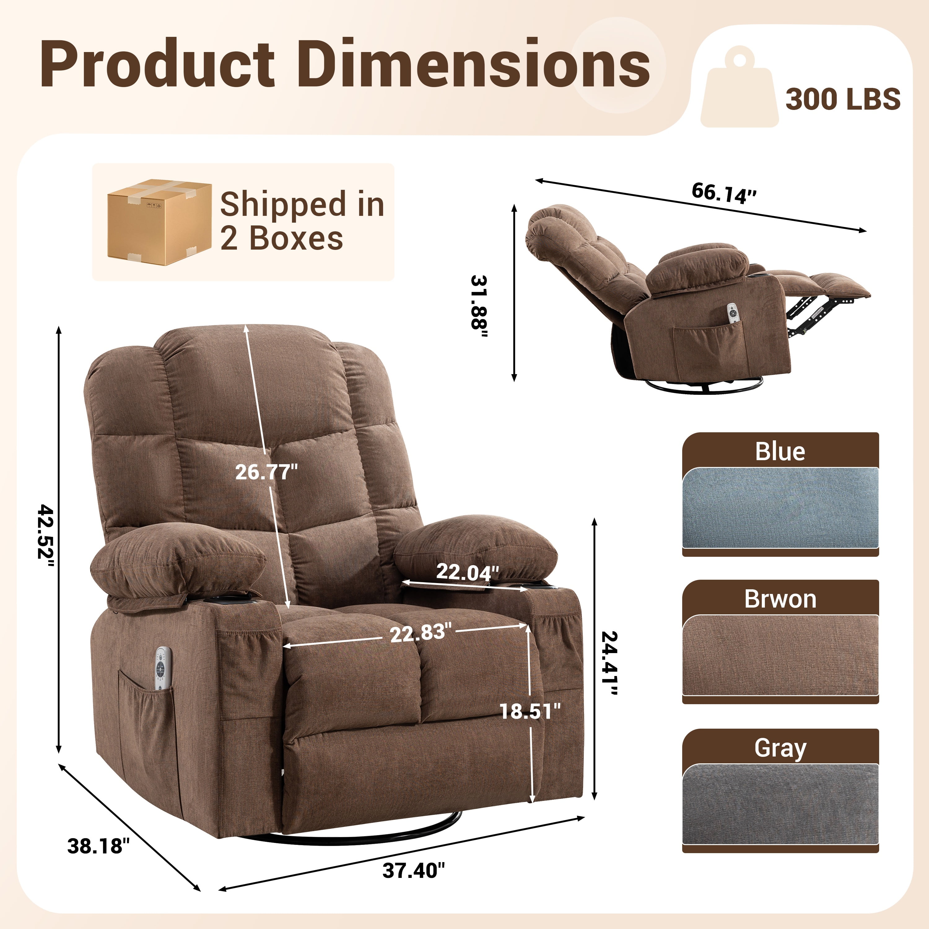 Swivel Rocker Chair, LEGAHOME Manual Glider Rocking Chair for Nursery with Massage and Heat, 22.8in Glider Massage Recliner Chairs for Adults, with Cup Holder and Side Pocket, Brown
