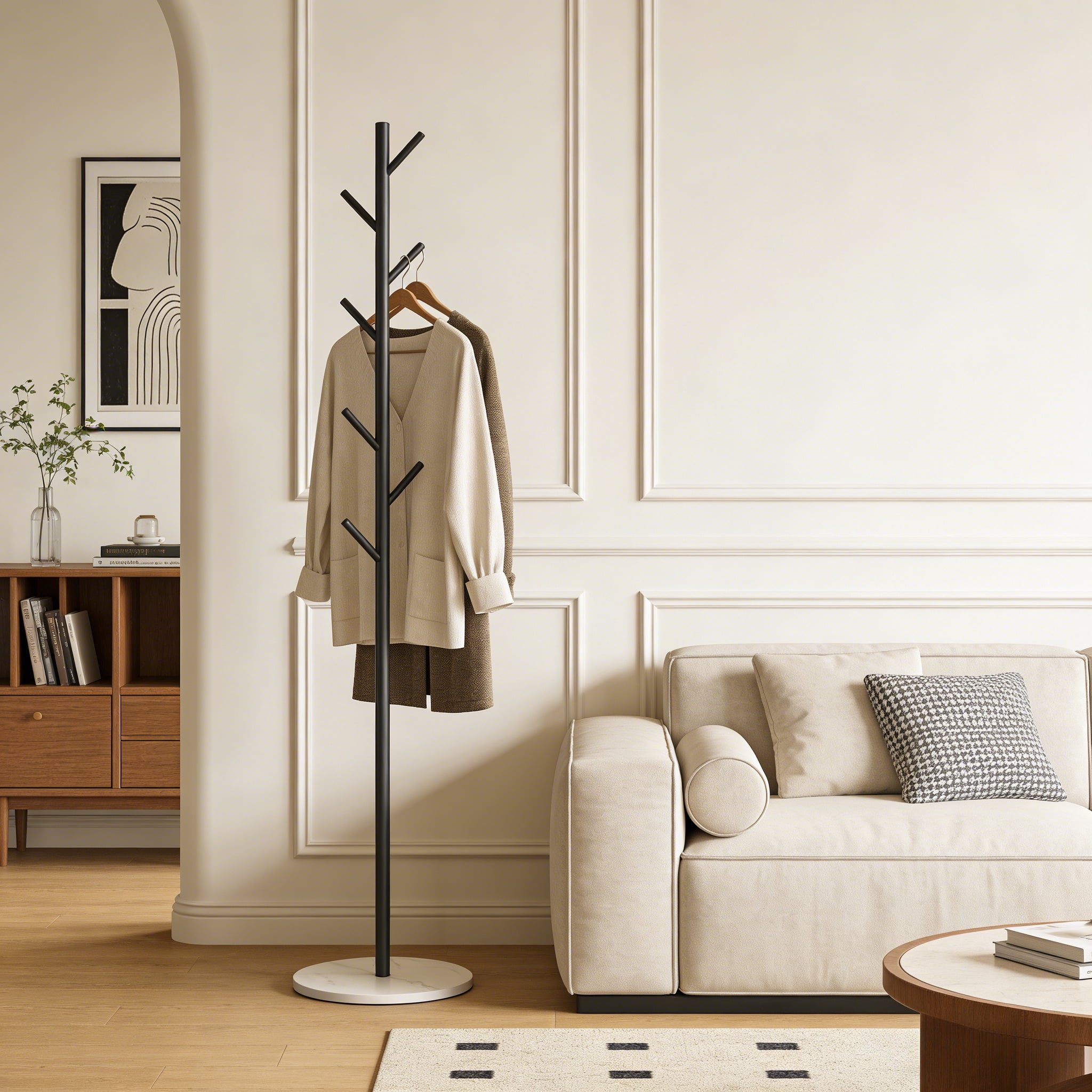 Modern Metal Coat Rack Stand Sturdy Freestanding Clothes Hanger With Bottom Storage Shelf Side Hooks Space Saving Hall Tree For Entryway Living Room Bedroom Office Hallway