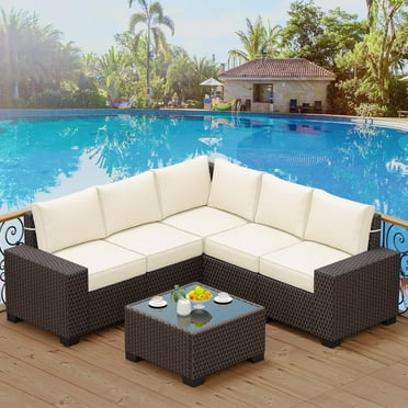 FOLDLIFE 6-Piece Outdoor Wicker Patio Furniture Set – Brown Sectional Sofa with 5 Cushions and Glass Coffee Table