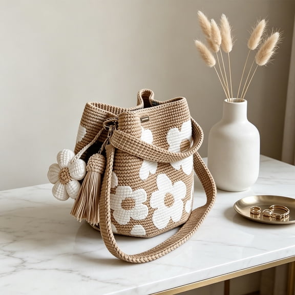 Handmade Crochet Flower Tote Bag Boho Style Mesh Knit Shoulder Purse with Detachable Flower Tassel Gift for Fashion Lovers