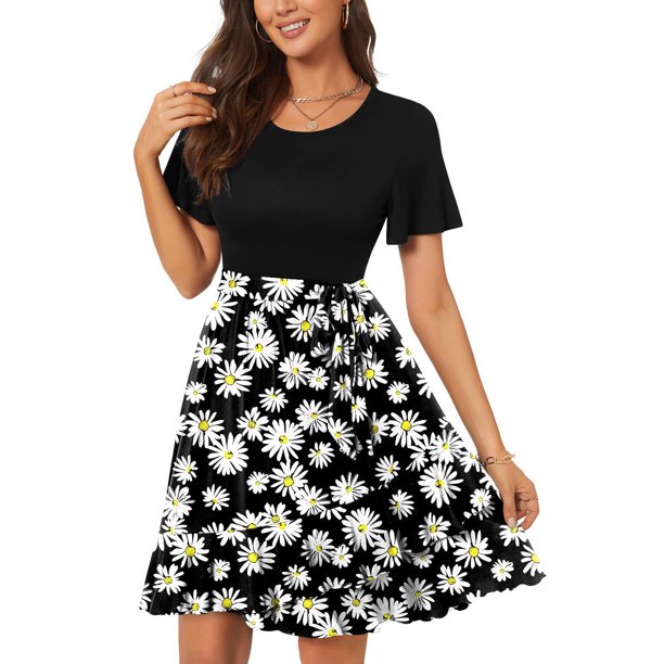 Puntoco Vestido De Manga Corta Con Cuello En V, Vestido Casual De Verano Estampado De Manga Corta Con Cinturón Vestido De Playa Blanco M