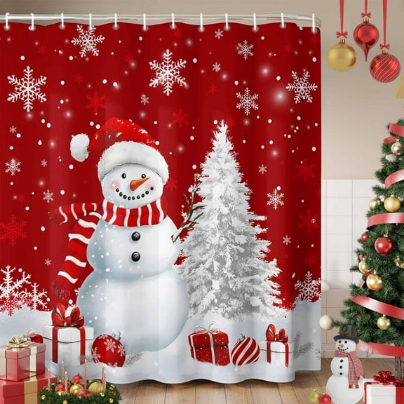 Red Christmas Shower Curtain, Snowman Snowflake Gifts Xmas Tree Waterproof Fabric Shower Curtains with 12 Hooks, Bathroom Curtain Set for Bathroom Accessories Decor, 72 x 84 Inches