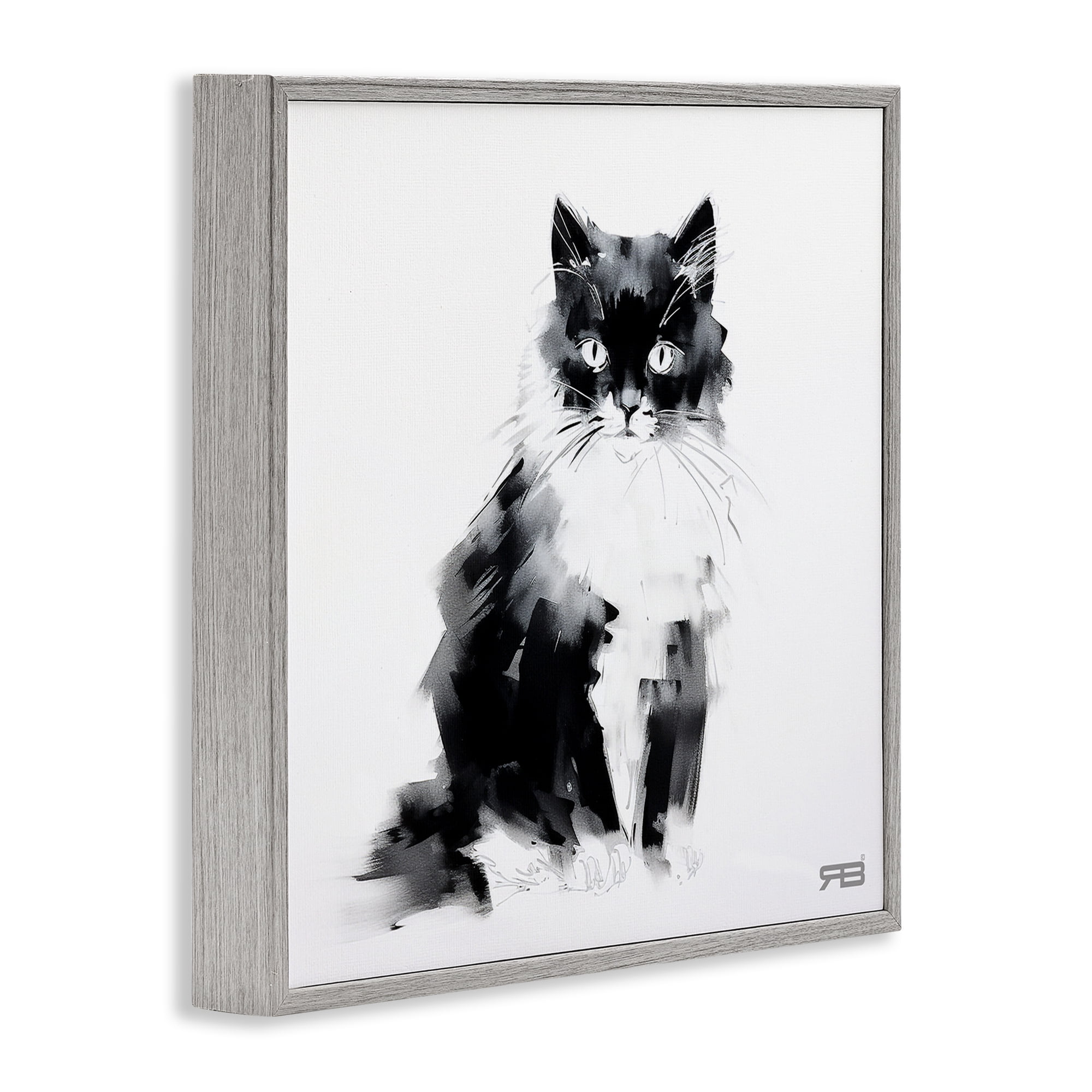 Stupell Industries Abstract Black & White Cat Animals & Insects Painting Gray Framed Art Print Wall Art, 24 x 24