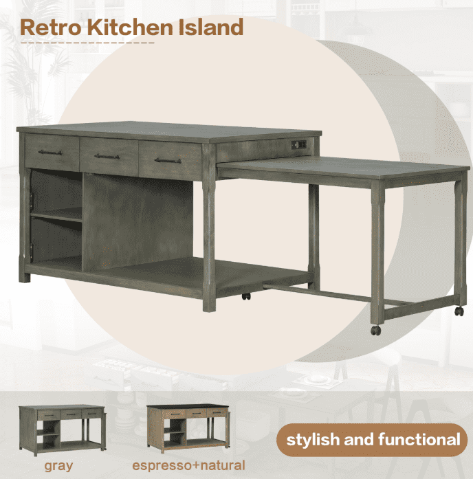 Euroco Expandable Retro Kitchen Island with Hidden Countertop Extension, Power Outlets & USB Ports – 3 Drawers, Open Shelves, Solid Wood Frame
