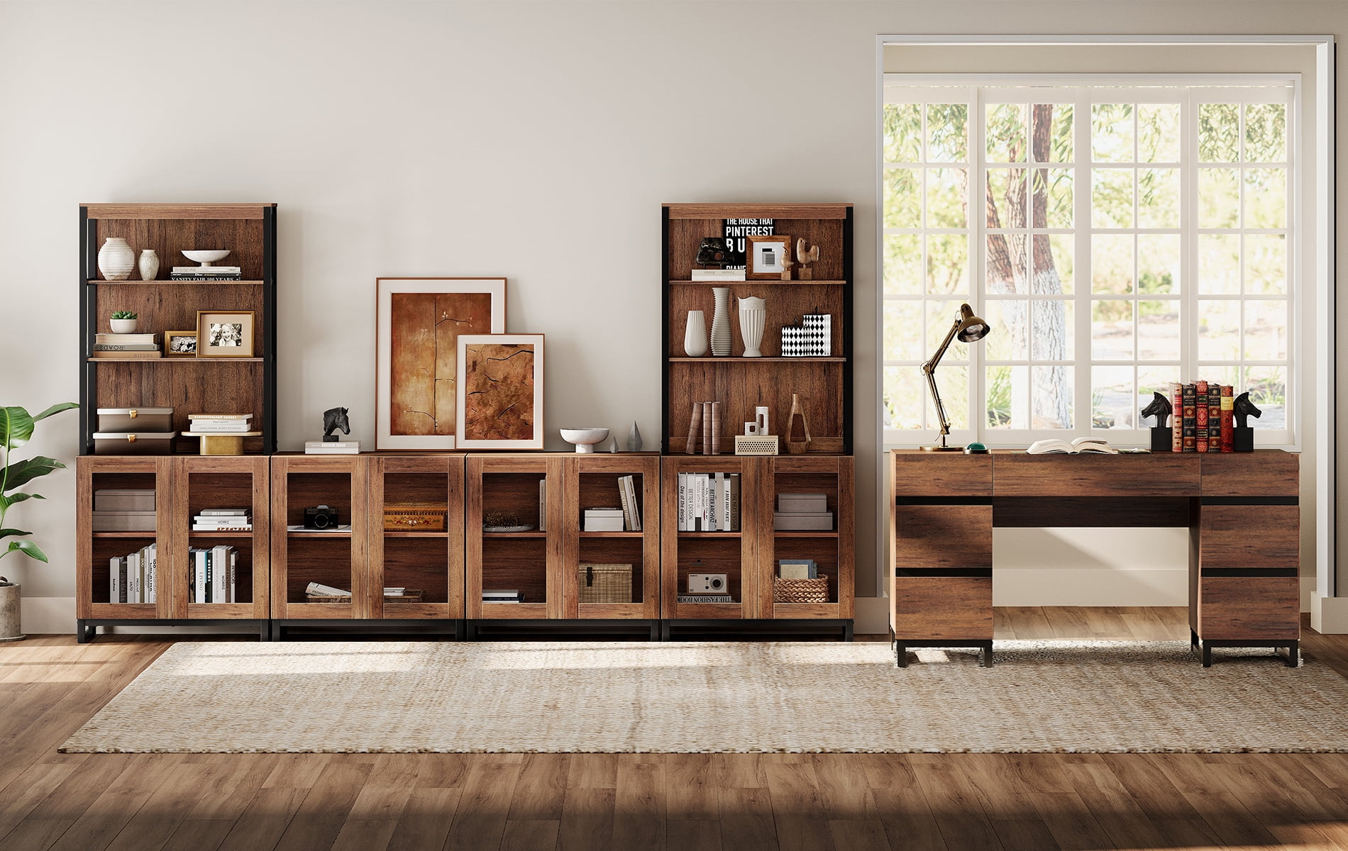 WAMPAT Home Office Set: 59" Modern Desk with Charging Station and Storage Cabinet, Two 72" Tall Bookcases With 3 Tiers And 4 Cabinets, Wood Computer Desk and Storage Cabinet for Work Study, Brown