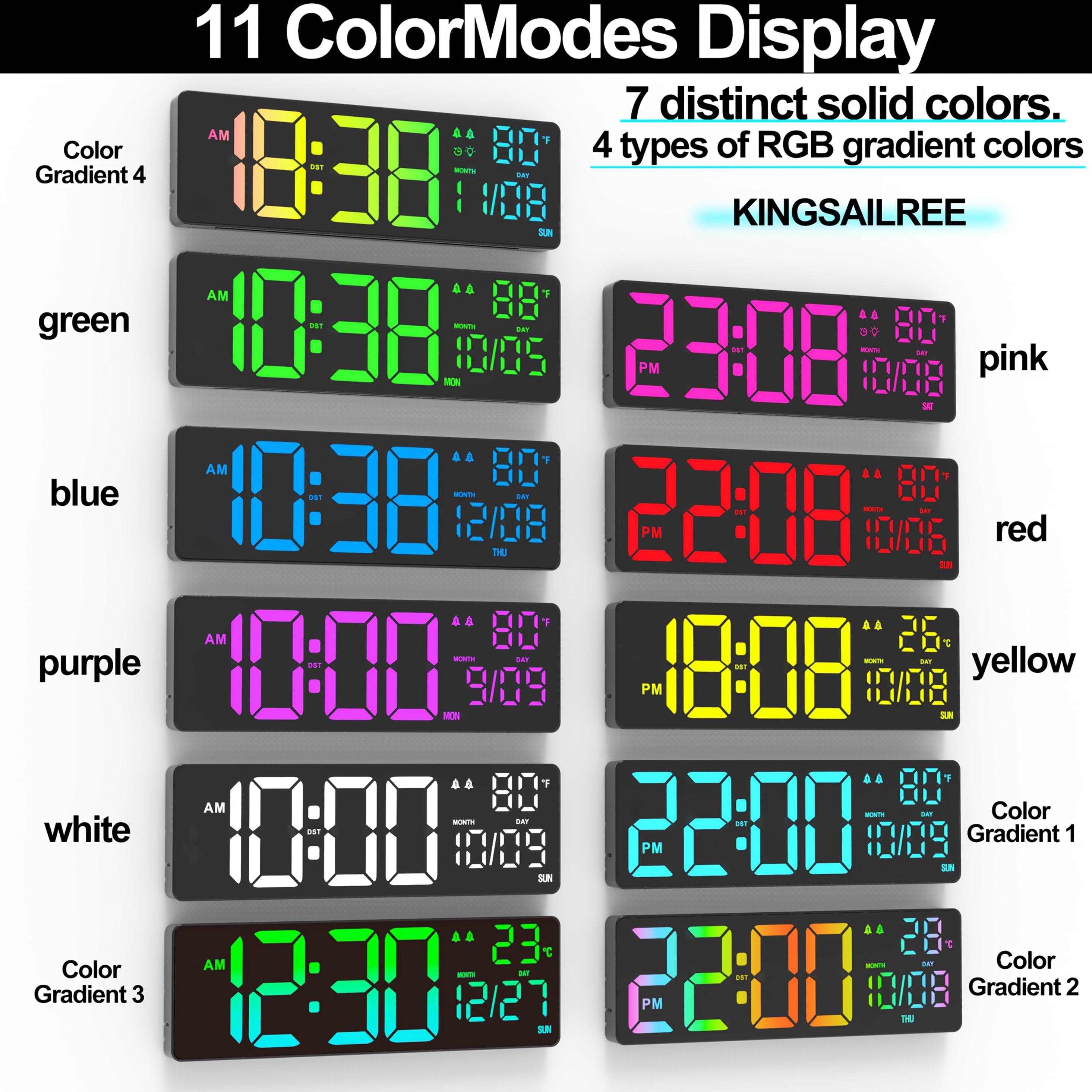 Large Digital Alarm Wall Clock with Remote, Calendar, Temp/Humidity, Timer, 11 RGB Colors for Bedroom, Office, Gift